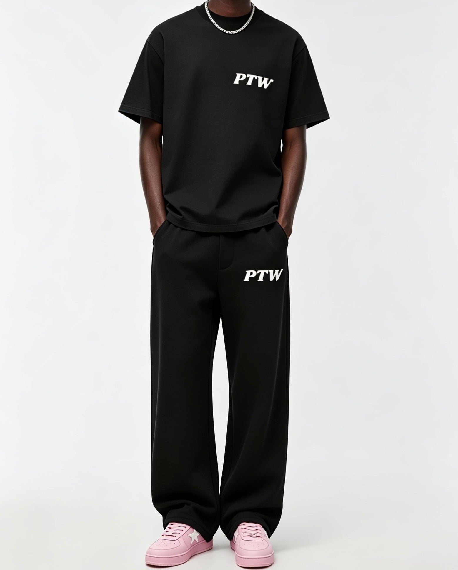  PTW Essential Straight Leg Sweatpants Jet Black - detail shot, straight leg fit