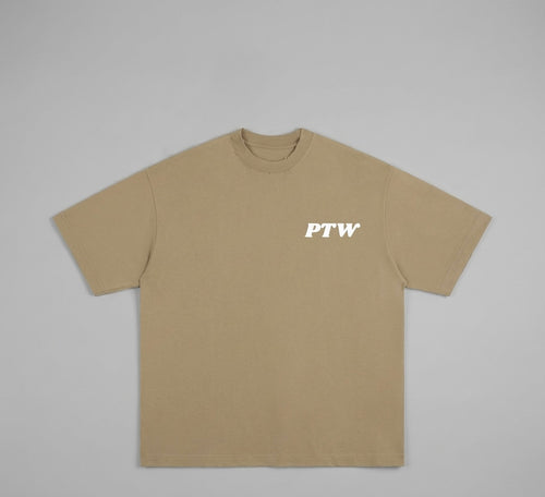 PTW Signature Tee in Camel - front view, neutral tone streetwear tee