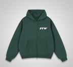 PTW Essential Zip Hoodie in Forest Green - front view, green zip-up streetwear hoodie