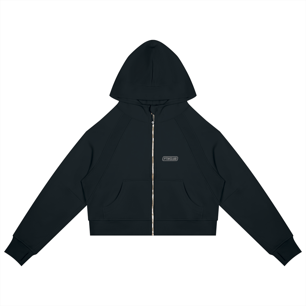 PTWCLUB Form Cropped Zip Hoodie — Black front view