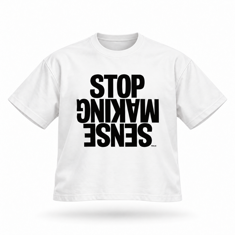STOP MAKING SENSE Boxy Tee — White floating garment front view
