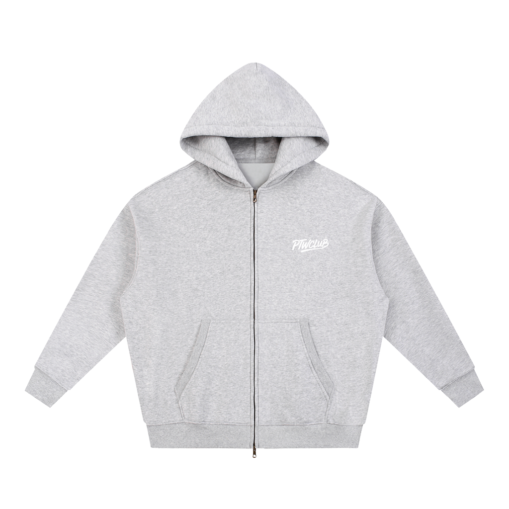 PTW Essential Zip Hoodie — Heather Grey / White Logo