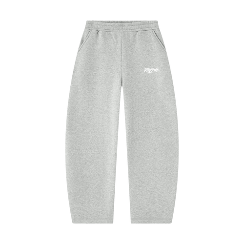 Front view of Heather Grey PTW Essential Barrel-Leg Sweatpants with a white PTWCLUB thigh logo