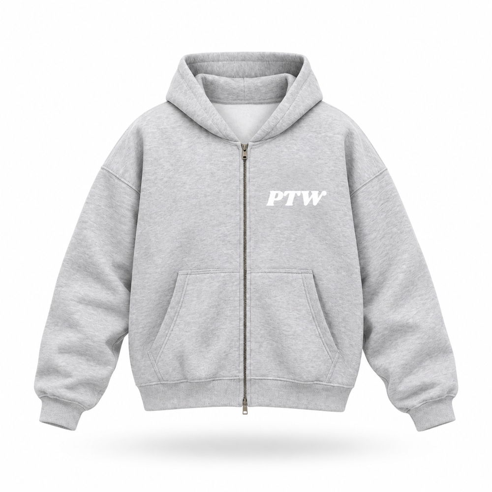 PTW Essential Zip Hoodie — Grey floating garment front view