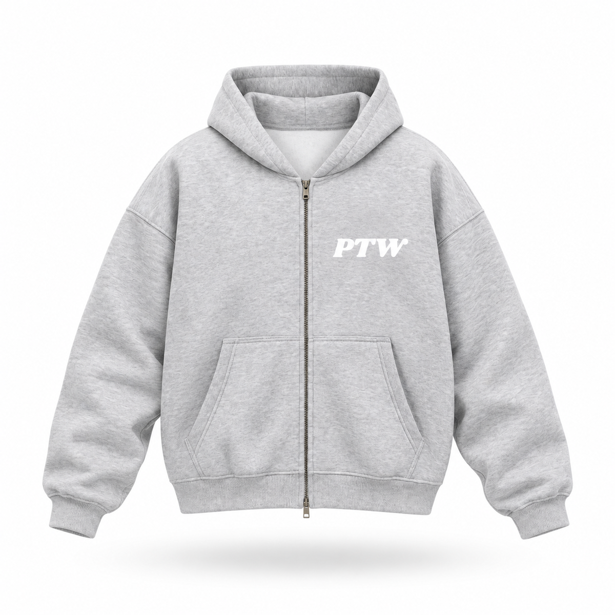 PTW Essential Zip Hoodie — Grey floating garment front view