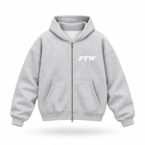 PTW Essential Zip Hoodie — Grey floating garment front view