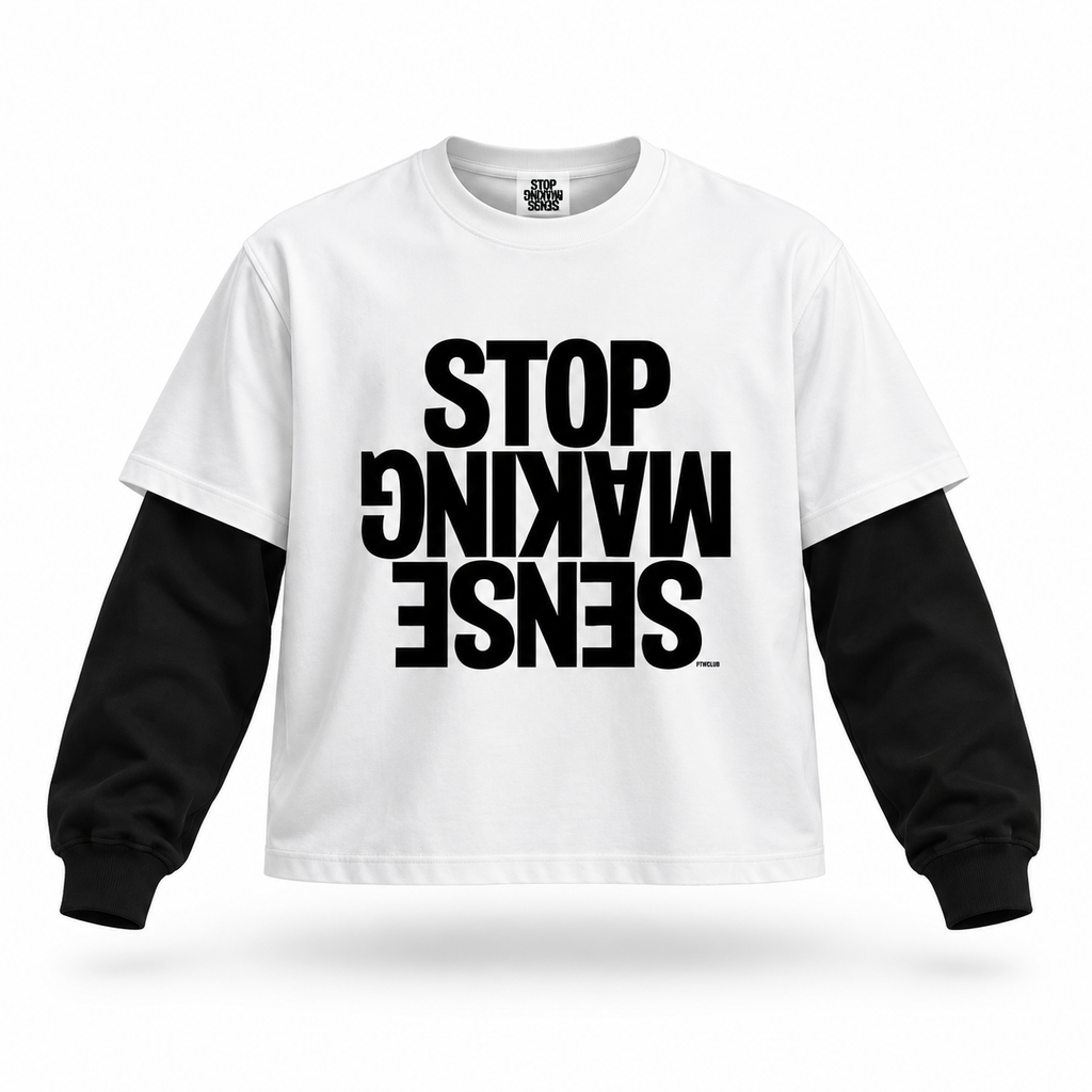 STOP MAKING SENSE Layered Tee — White / Black floating garment front view