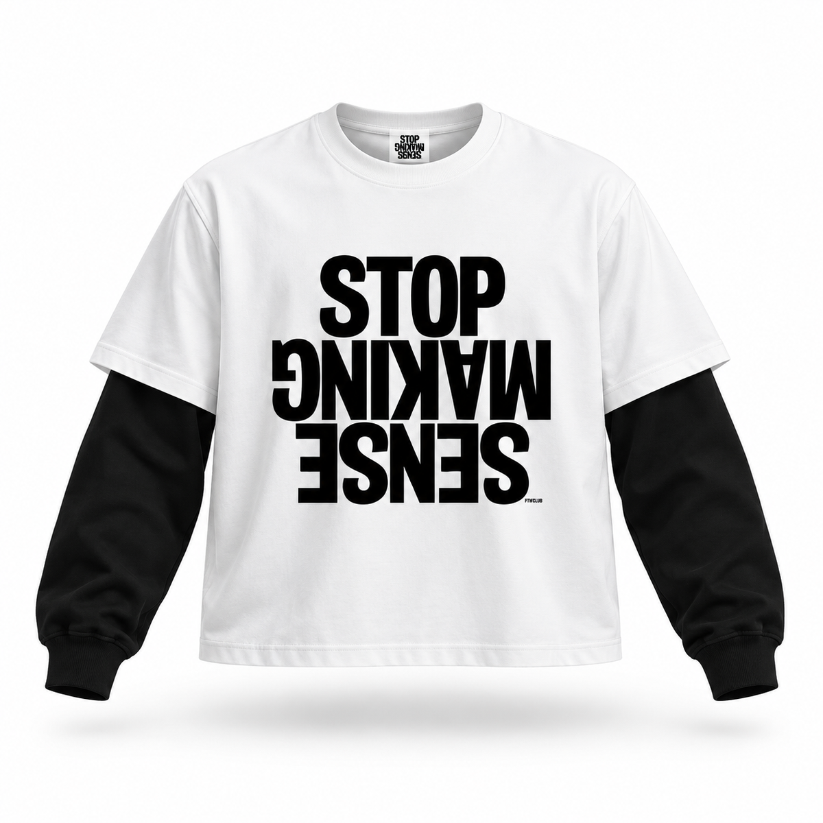 STOP MAKING SENSE Layered Tee — White / Black floating garment front view