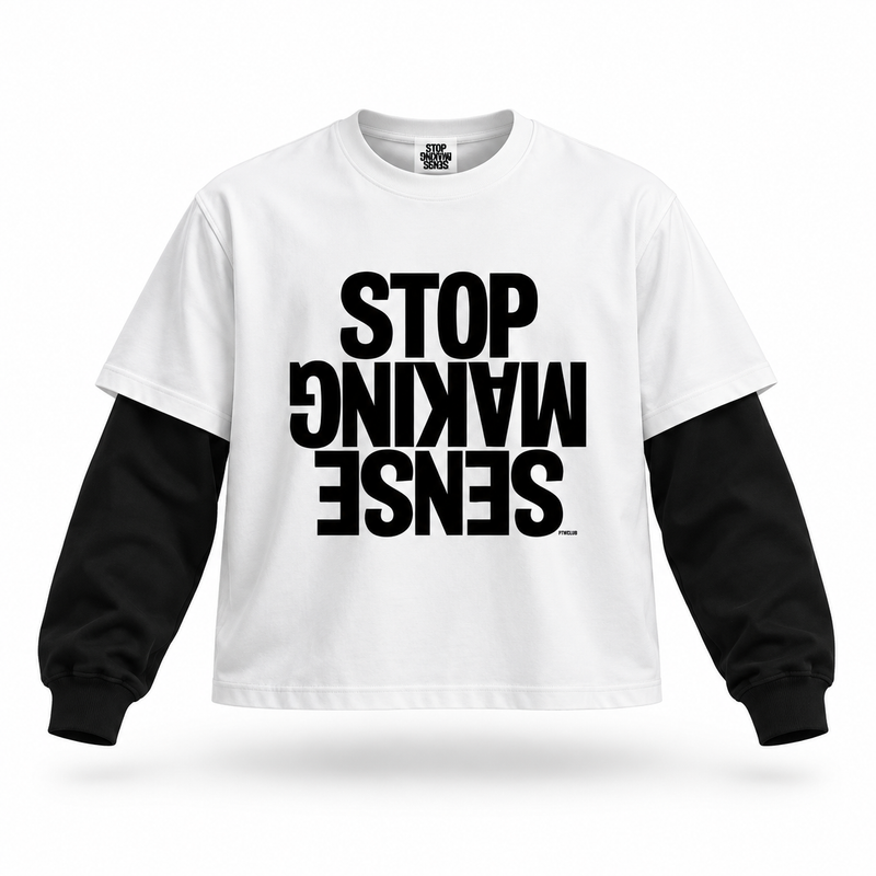 STOP MAKING SENSE Layered Tee — White / Black floating garment front view