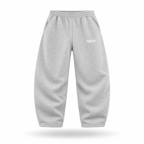 Floating front view of PTW Essential Barrel-Leg Sweatpants in Heather Grey with a white PTWCLUB thigh logo