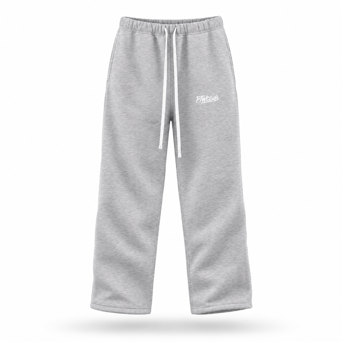 Floating front view of PTW Essential Straight-Leg Sweatpants in Heather Grey with a white PTWCLUB thigh logo