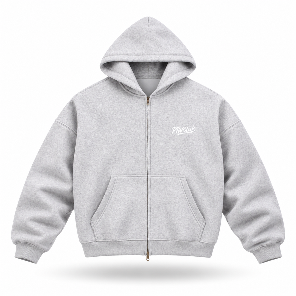 Floating front view of the PTW Essential Zip Hoodie in Heather Grey with a white PTWCLUB chest logo
