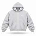 Floating front view of the PTW Essential Zip Hoodie in Heather Grey with a white PTWCLUB chest logo