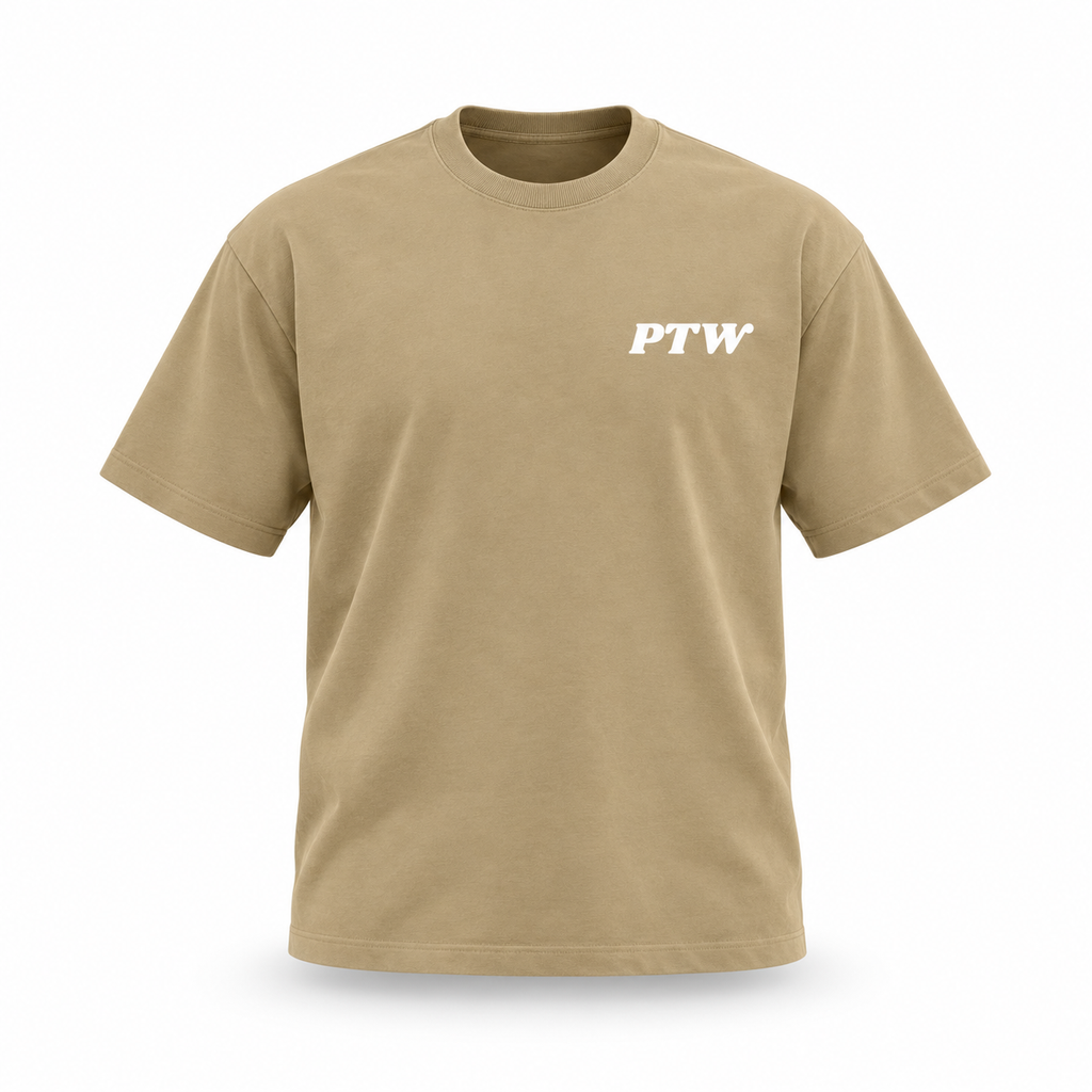 PTW Signature Tee — Camel floating garment front view