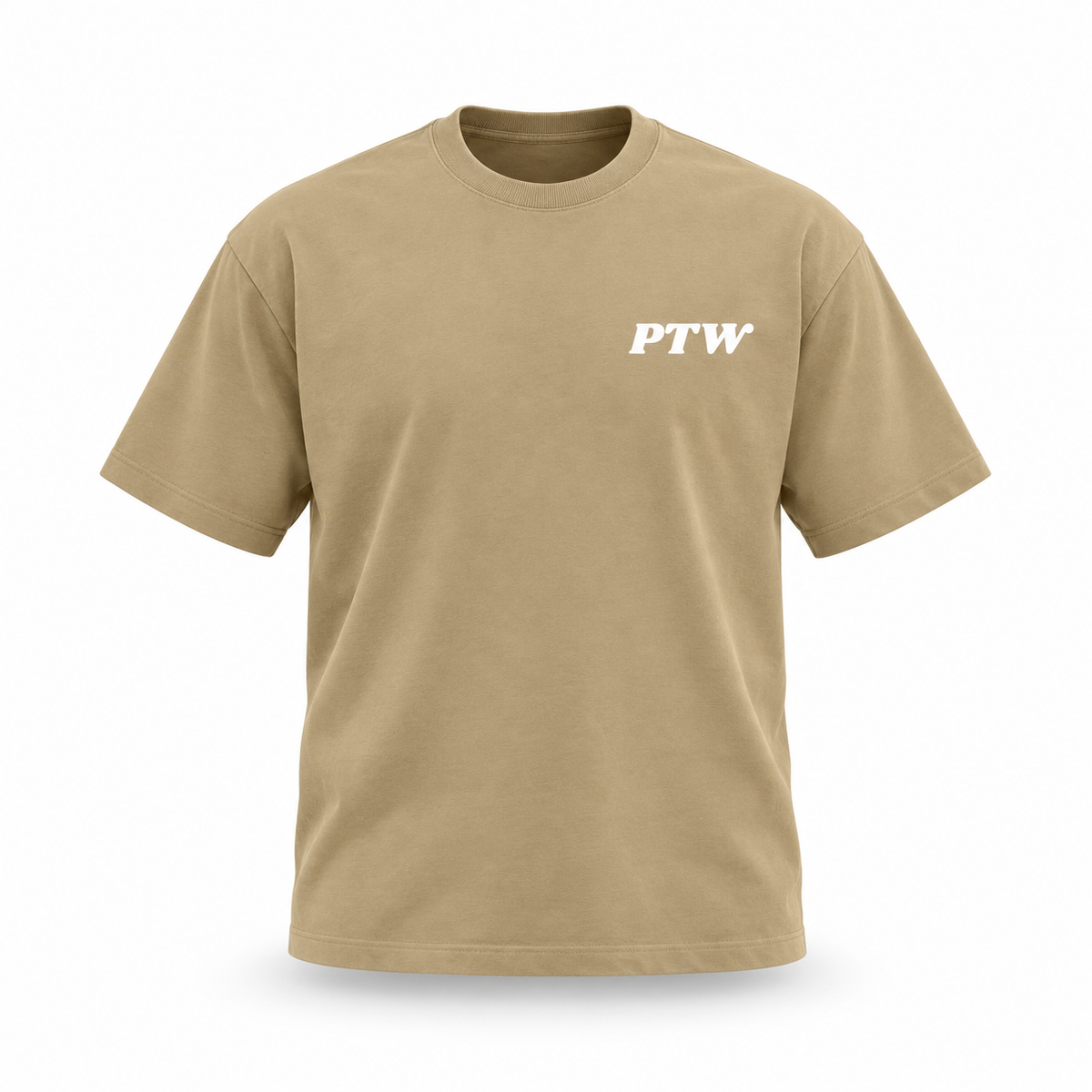 PTW Signature Tee — Camel floating garment front view
