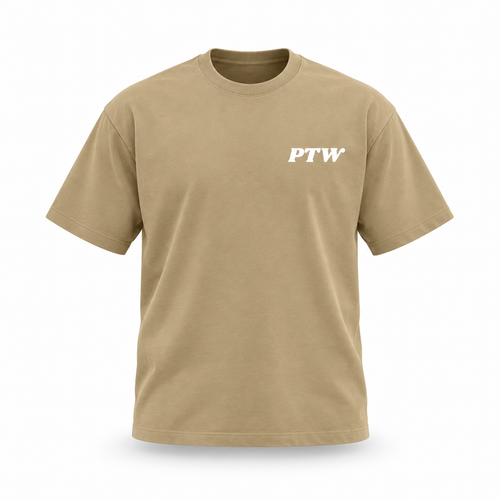 PTW Signature Tee — Camel floating garment front view