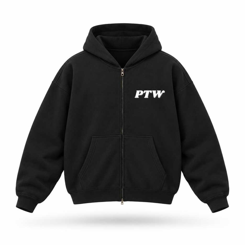 PTW Essential Zip Hoodie — Jet Black floating garment front view