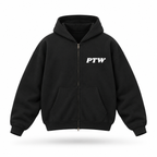 PTW Essential Zip Hoodie — Jet Black floating garment front view