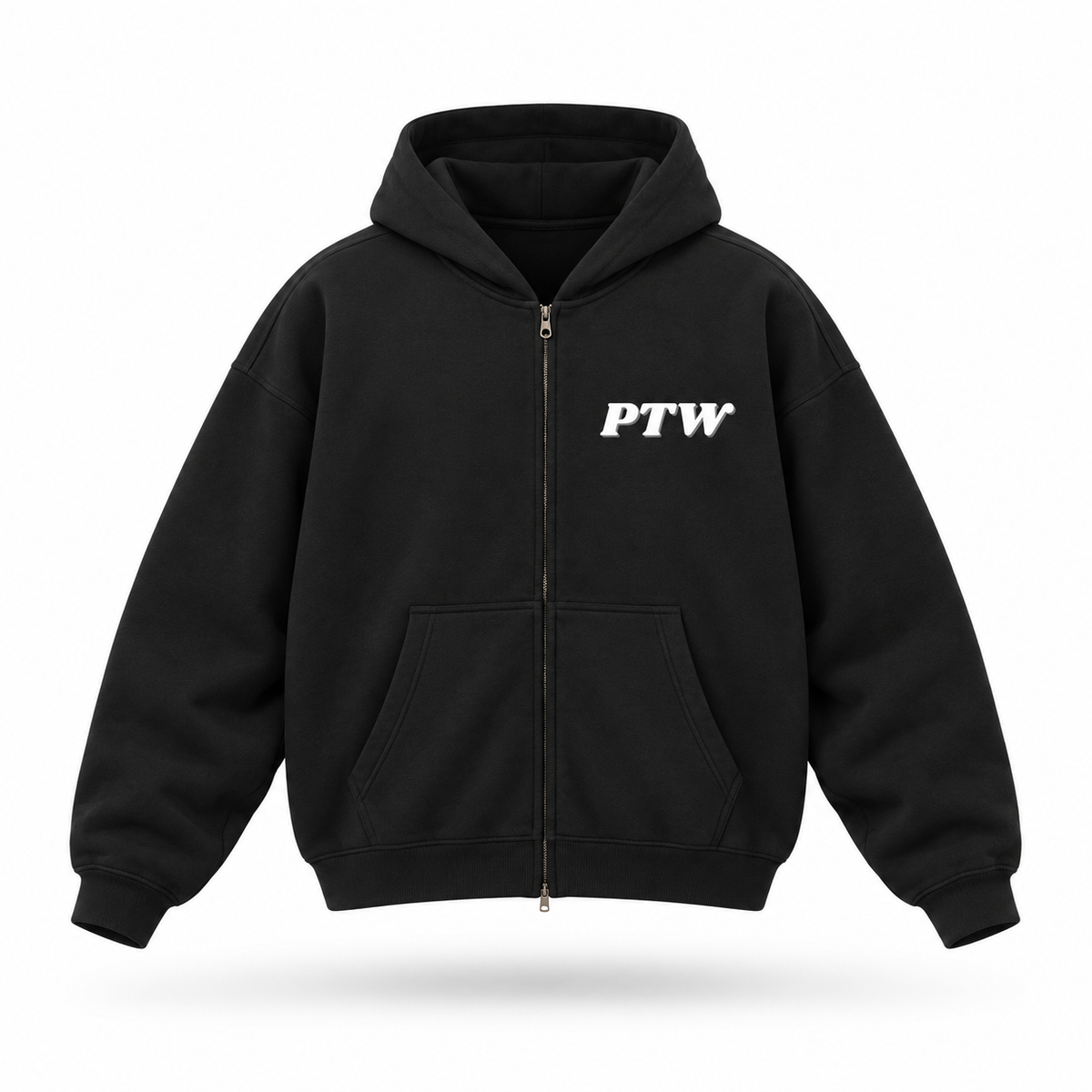 PTW Essential Zip Hoodie — Jet Black floating garment front view