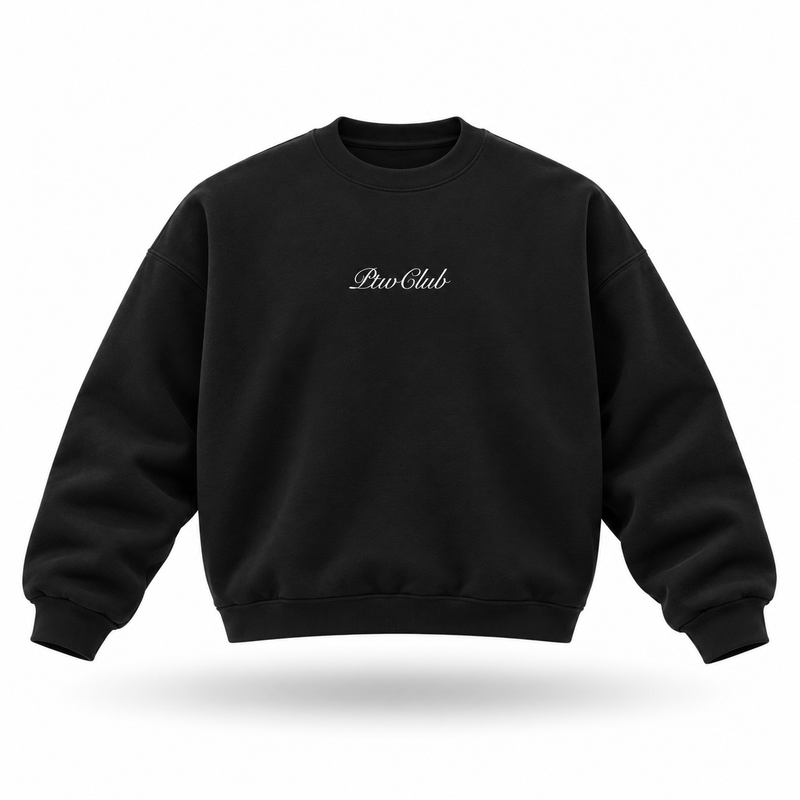 Floating front view of the PTWCLUB Signature Boxy Crewneck in Black with a fine white centre-chest script logo