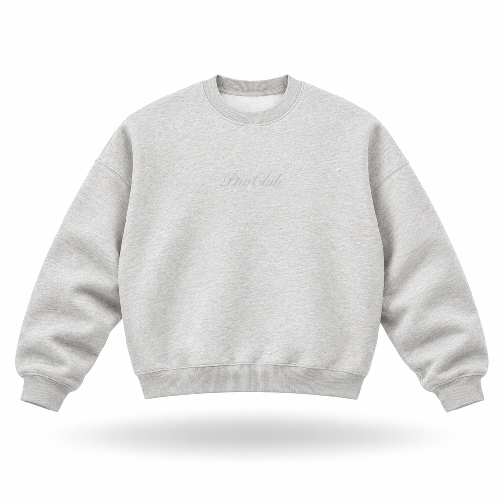 Floating front view of the PTWCLUB Signature Boxy Crewneck in Heather Grey with a tonal light-grey centre-chest script logo