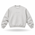 Floating front view of the PTWCLUB Signature Boxy Crewneck in Heather Grey with a tonal light-grey centre-chest script logo