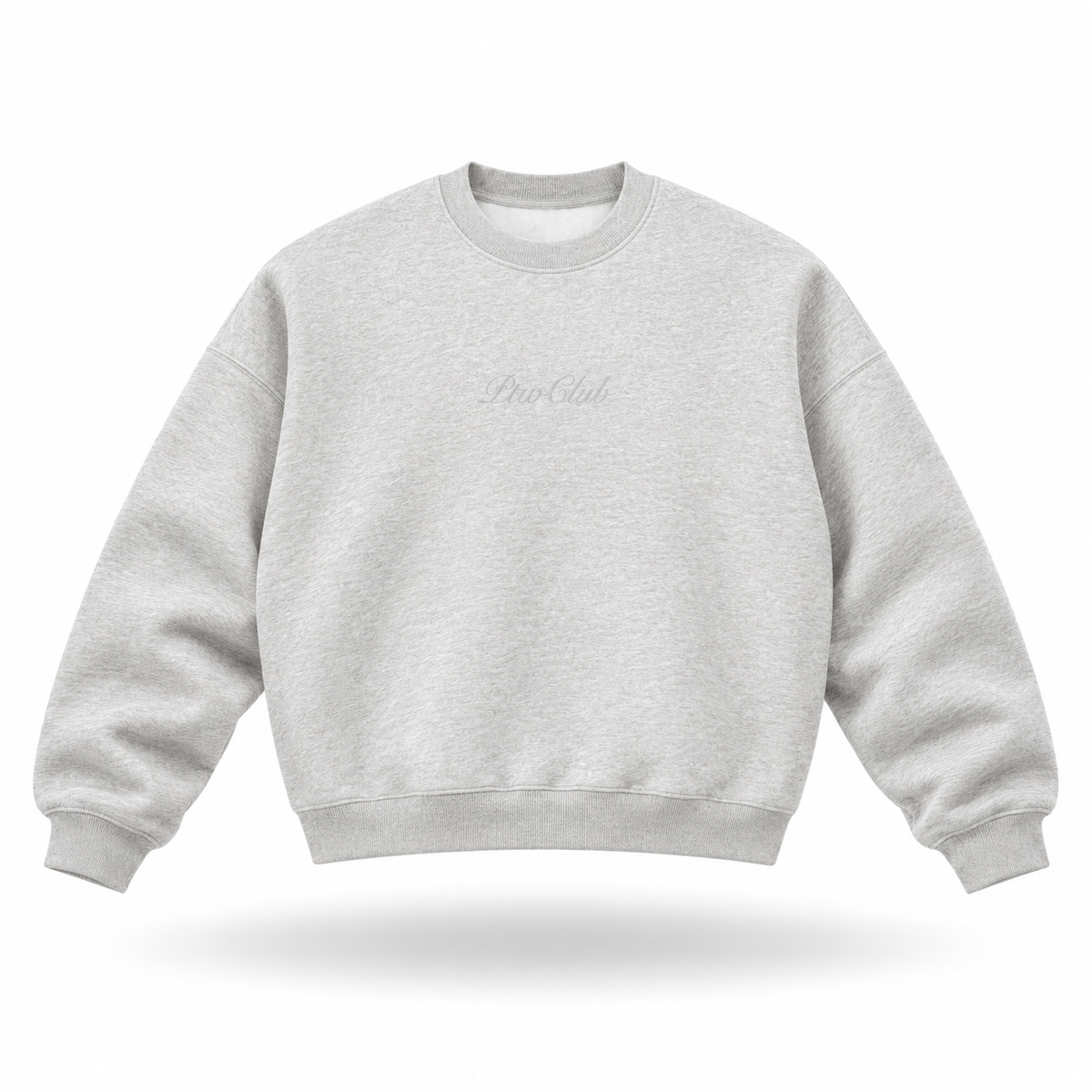 Floating front view of the PTWCLUB Signature Boxy Crewneck in Heather Grey with a tonal light-grey centre-chest script logo