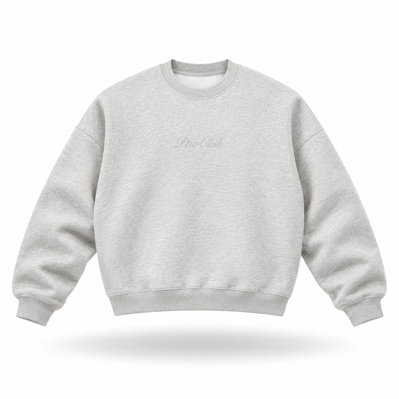 Floating front view of the PTWCLUB Signature Boxy Crewneck in Heather Grey with a tonal light-grey centre-chest script logo